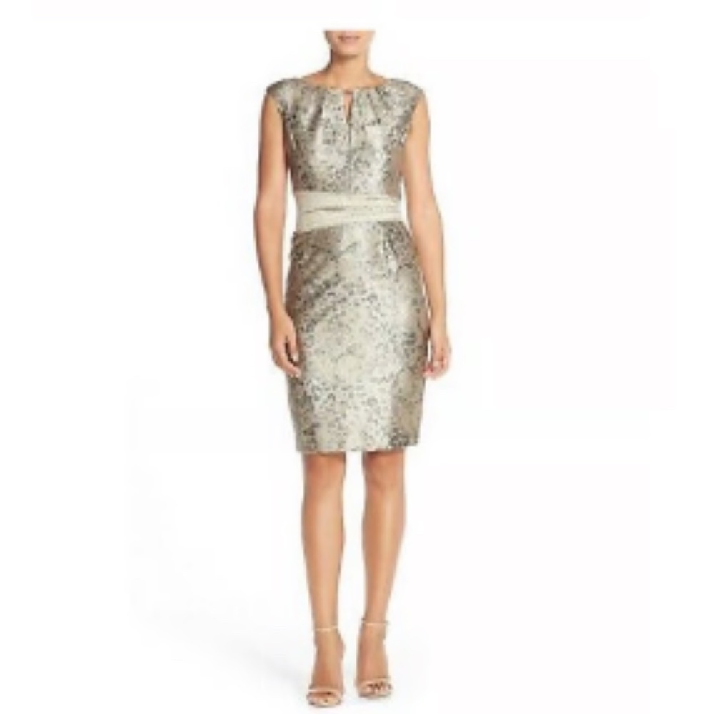 Ellen Tracy Metallic Gold/Gray Rose Print Sheath Dress 16 Cocktail Wedding Party